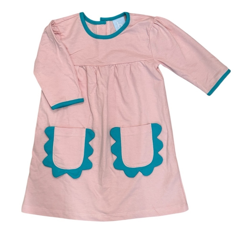 L1. Bella Bliss Pink and Blue Pocket Scalloped Long Sleeve Cotton Dress